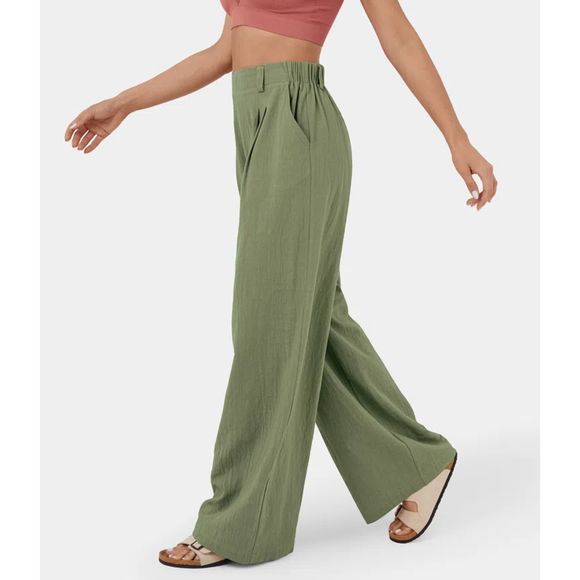 High Waisted Plicated Wide Leg Flowy Palazzo Pants Color: Loden Green SIZE Small - Picture 1 of 5